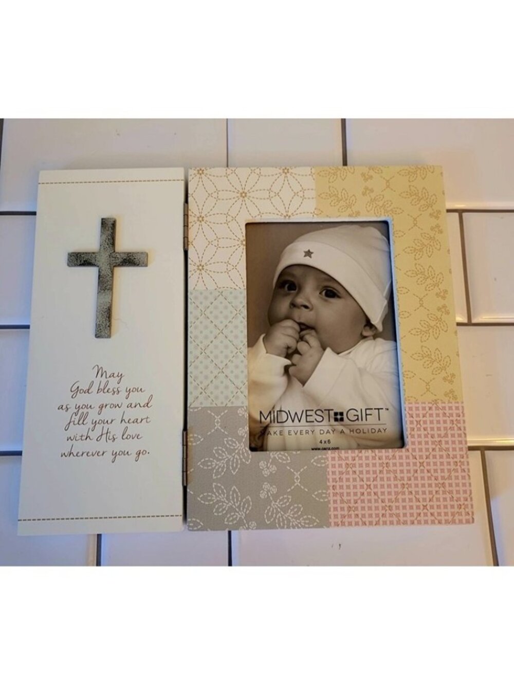 4x6 May God Bless You Today Always Patch Pink White Wood Frame Silver Cross